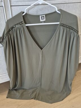 Anne Klein Olive V-Neck Blouse with Lace Yoke